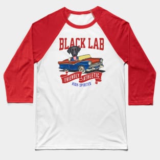 Humor cute funny black lab labrador retriever dog driving a vintage classic retro car to a parade with red white and blue flags Baseball T-Shirt